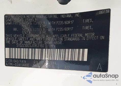 2018 Toyota Sienna L 7 Passenger z USA, uszkodzony, nr VIN 5TDZZ3DC5JS953160